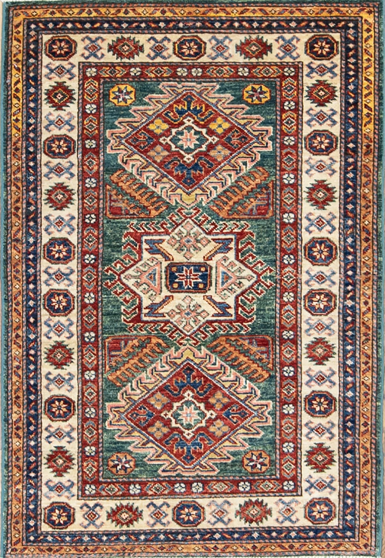 Handmade geometric style super Kazak wool rug in green color. Size 3x4.4.