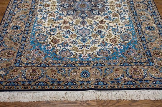 Best rugs. Beautiful Persian Isfahan rug made of the finest quality Japanese kork wool and silk with beige and blue colors. Size 5.4x7.4.