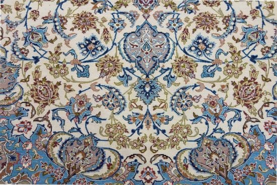 Best rugs. Beautiful Persian Isfahan rug made of the finest quality Japanese kork wool and silk with beige and blue colors. Size 5.4x7.4.