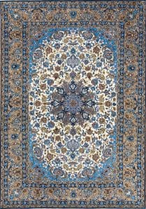 Best rugs. Beautiful Persian Isfahan rug made of the finest quality Japanese kork wool and silk with beige and blue colors. Size 5.4x7.4.