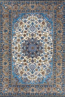 Best rugs. Beautiful Persian Isfahan rug made of the finest quality Japanese kork wool and silk with beige and blue colors. Size 5.4x7.4.