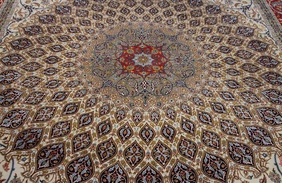 Beautiful Persian rug. Artful Persian Isfahan masterpiece, mandala style with birds and flowers in beige color. Size 10.4x13.8.