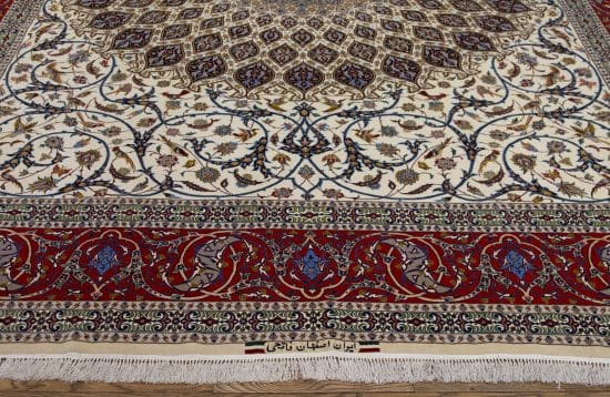 Beautiful Persian rug. Artful Persian Isfahan masterpiece, mandala style with birds and flowers in beige color. Size 10.4x13.8.