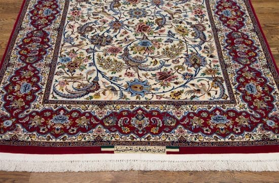 Best area rugs for living. Hand-woven Persian Isfahan floral rug with beige and burgundy red colors. Size 4.8x7.