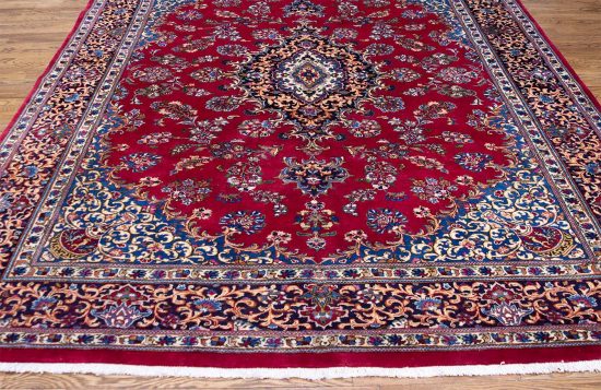 Persian style area rugs. Hand knotted wool Persian Sarouk rug area rug in red color made of wool. Size 8.3x10.9.