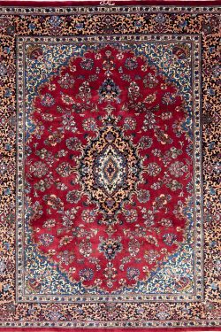 Persian style area rugs. Hand knotted wool Persian Sarouk rug area rug in red color made of wool. Size 8.3x10.9.