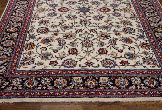 Carpet rug. hand knotted Persian Kashmar carpet made of wool, floral style with beige and navy blue. Size 6.8x9.7.