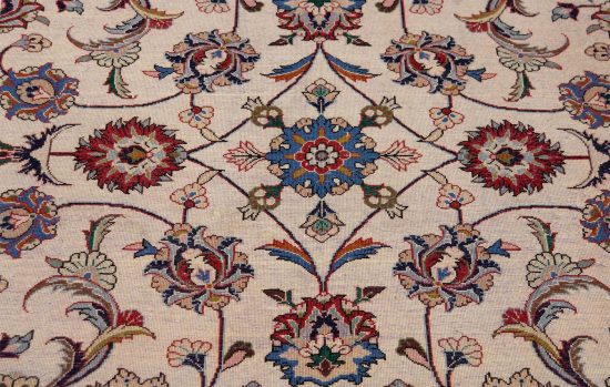 Carpet rug. hand knotted Persian Kashmar carpet made of wool, floral style with beige and navy blue. Size 6.8x9.7.