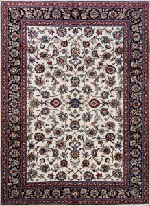 Carpet rug. hand knotted Persian Kashmar carpet made of wool, floral style with beige and navy blue. Size 6.8x9.7.