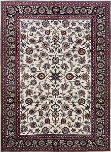 Versatile 6x9 to 7x10 rugs, Persian Kashmar carpet made of wool, floral style with beige and navy blue.