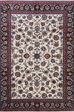 Carpet rug. hand knotted Persian Kashmar carpet made of wool, floral style with beige and navy blue. Size 6.8x9.7.