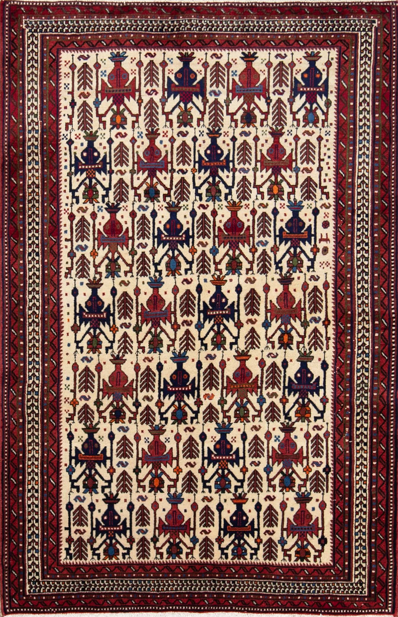 Tribal area rug. A handmade Persian Shiraz wool area rug in beige and red colors. Size 4.7x6.8.