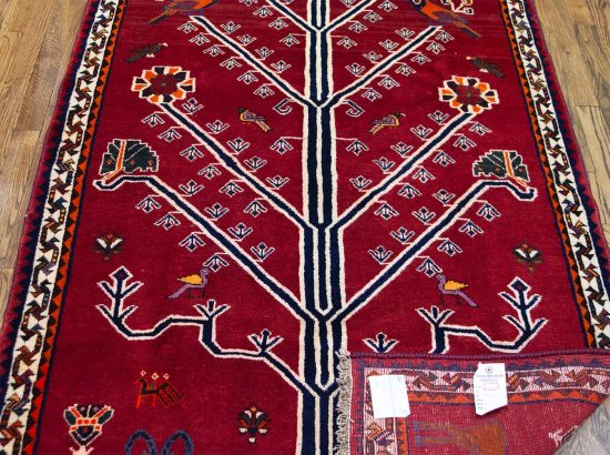 Tribal rug, hand knotted tree of life Persian Shiraz wool rug in red color. Size 3.9x6.