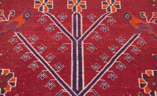 Tribal rug, hand knotted tree of life Persian Shiraz wool rug in red color. Size 3.9x6.