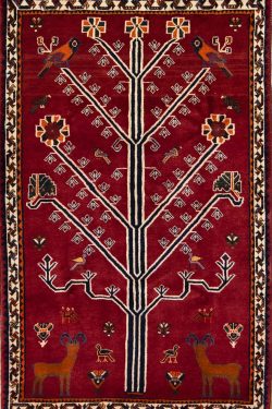 Tribal rug, hand knotted tree of life Persian Shiraz wool rug in red color. Size 3.9x6.