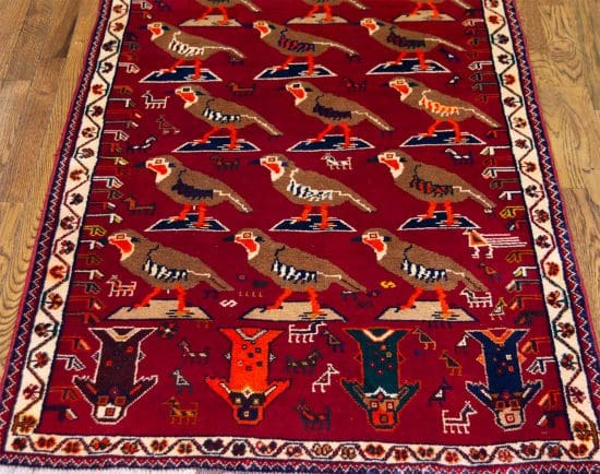 Handmade Persian Shiraz wool rug with partridges in red color. Size 3.2x5.7.