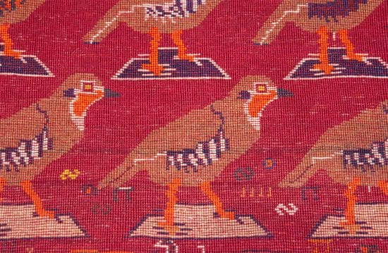 Handmade Persian Shiraz wool rug with partridges in red color. Size 3.2x5.7.