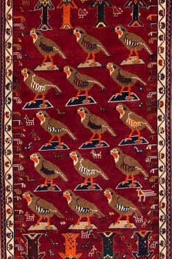 Handmade Persian Shiraz wool rug with partridges in red color. Size 3.2x5.7.