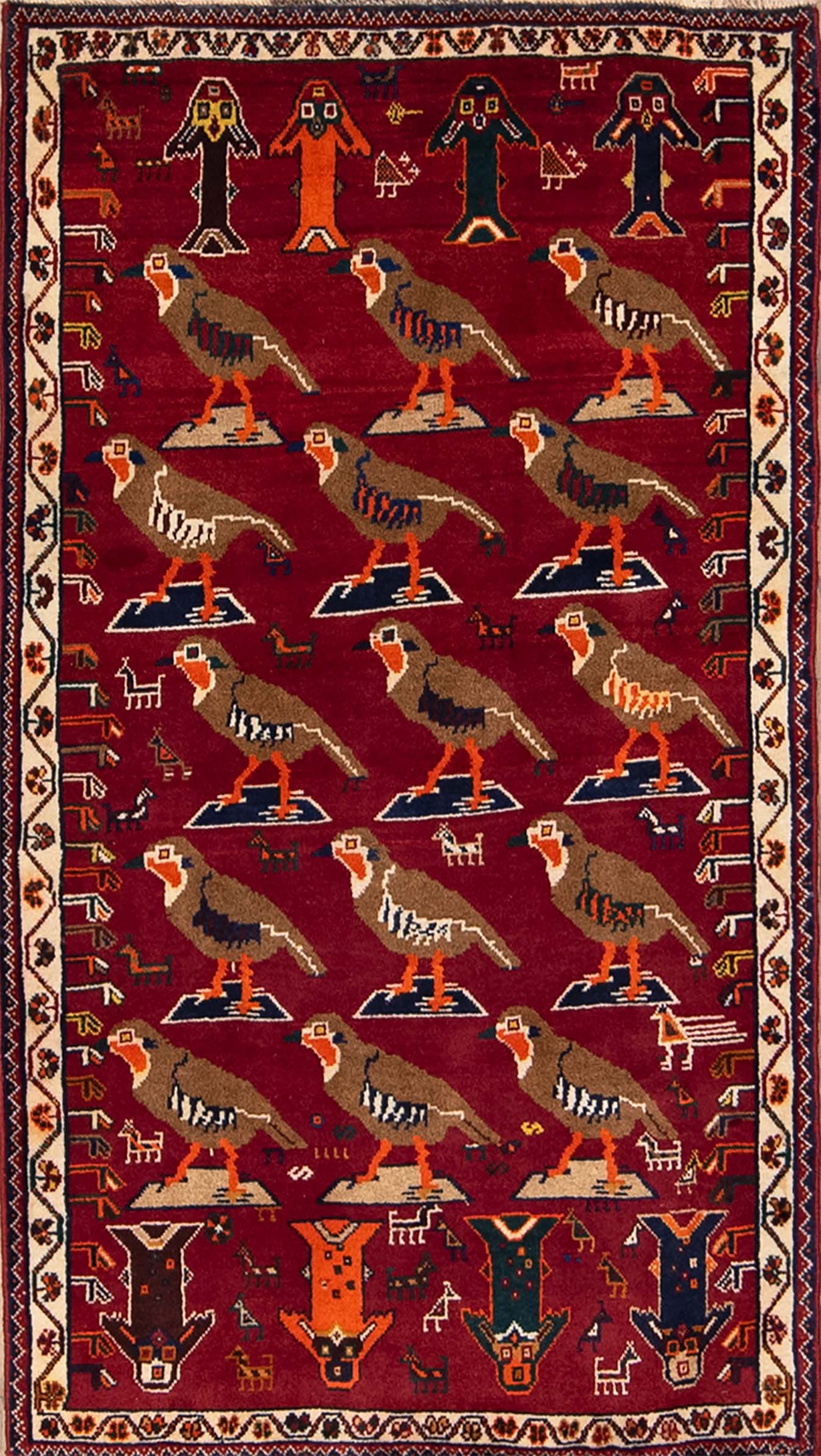 Handmade Persian Shiraz wool rug with partridges in red color. Size 3.2x5.7.