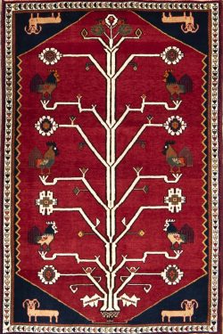 Red Persian rug. A handmade tribal style tree of life rug with goats and roosters in red color. Size 3.8x5.5.