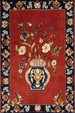 Wool rug. Hand woven Persian Shiraz rug with a vase and flowers with terracotta color. Size 3.4x5.