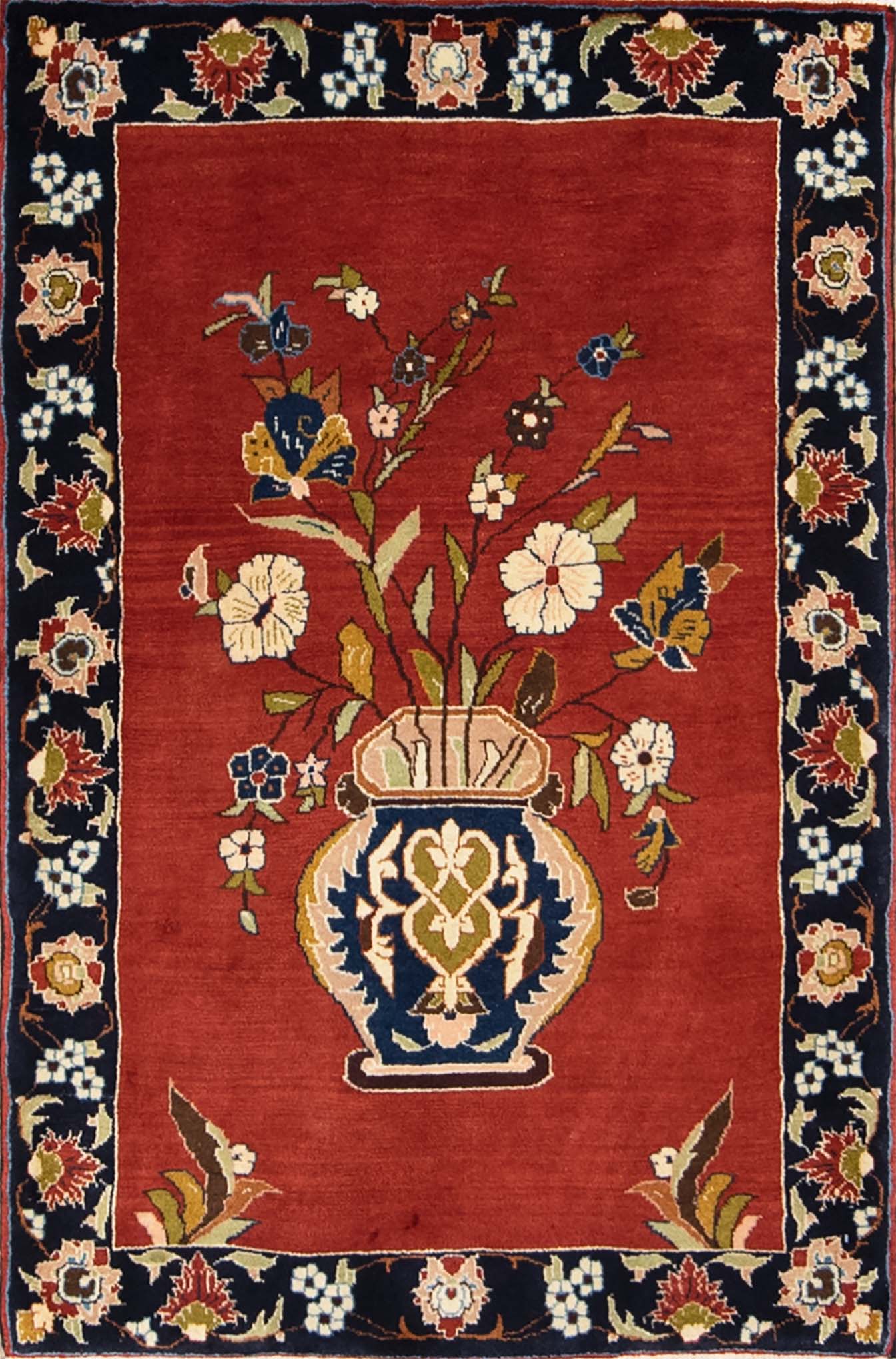 Wool rug. Hand woven Persian Shiraz rug with a vase and flowers with terracotta color. Size 3.4x5.