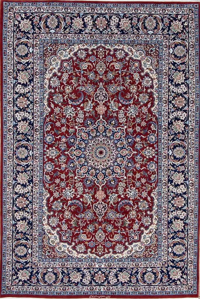 2734- Vegetable dye rug. Authentic top quality hand knotted Persian Isfahan red rug crafted by renowned Ahmad Zojaji. Size 4.9x7.