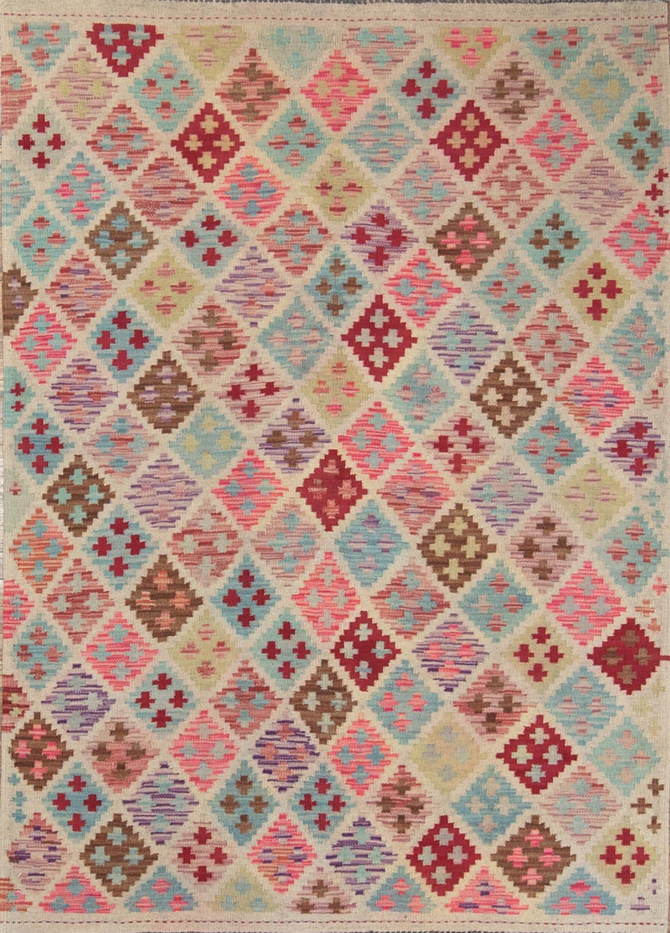Kilim rugs. Colorful handmade wool kilim rug with diamond design. Size 4.9x6.5.