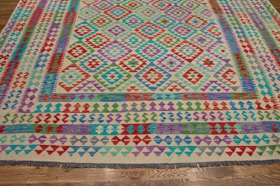 Room size kilim rugs. Handmade multicolor wool kilim rug in geometric style. Size 8.6x11.3.