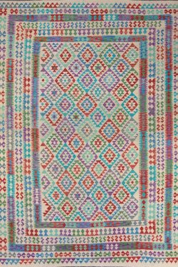 Room size kilim rugs. Handmade multicolor wool kilim rug in geometric style. Size 8.6x11.3.