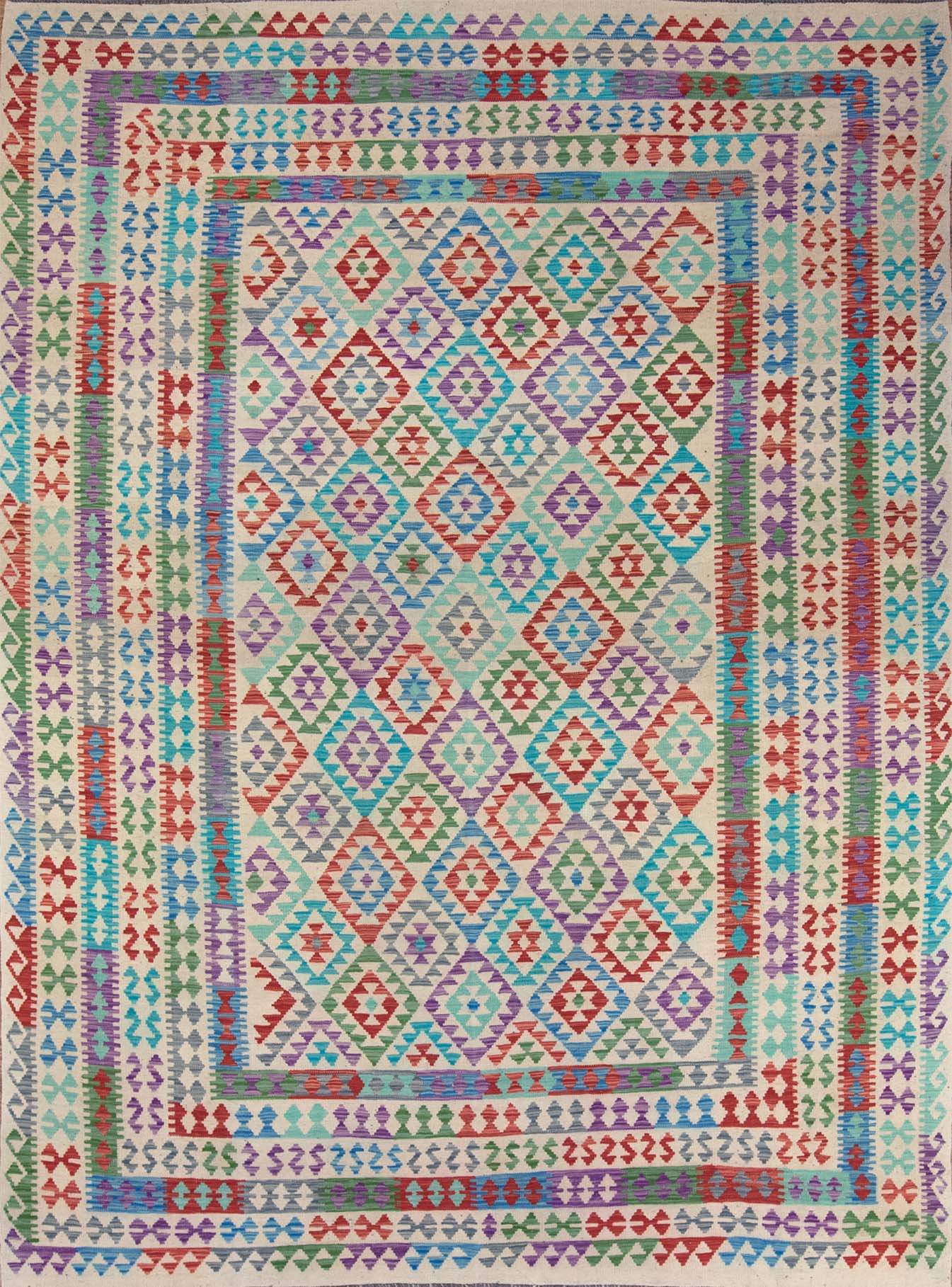 Room size kilim rugs. Handmade multicolor wool kilim rug in geometric style. Size 8.6x11.3.