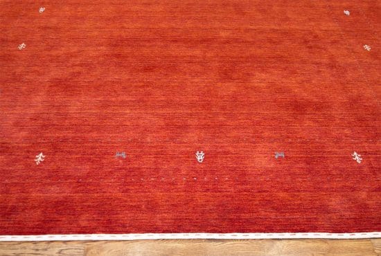 Orange rug. Hand-loomed Gabbeh-style oriental rug made of wool. Size 9.1x11.10.