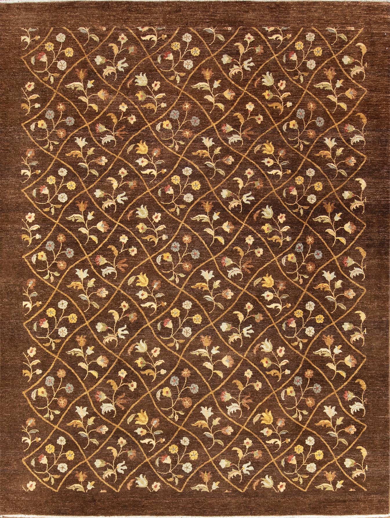 8x10 oriental rug, unique handmade wool floral modern rug in brown color. Size 8x10.