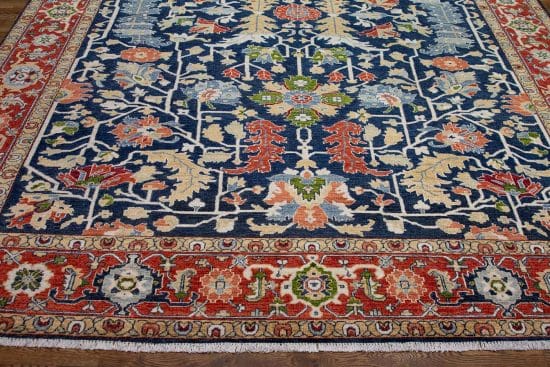 Large living room rugs, handmade wool oriental rug with blue and terracotta colors. Size 9.2x11.10.