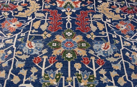 Large living room rugs, handmade wool oriental rug with blue and terracotta colors. Size 9.2x11.10.