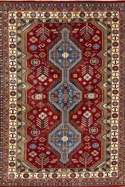 Red oriental rug. Handmade geometric style oriental rug in red and blue colors. Size 5x6.6.