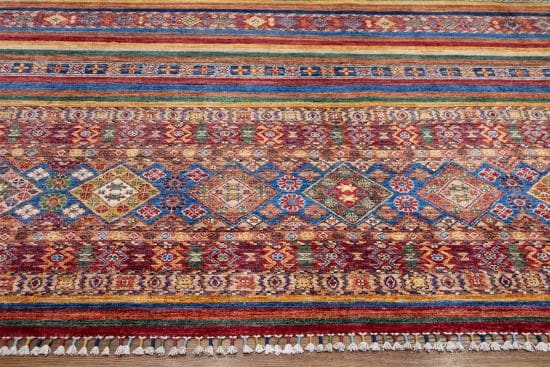 Handmade Afghan tribal area rug style with stripes, multicolor and made of wool. Size 9.3x11.10.