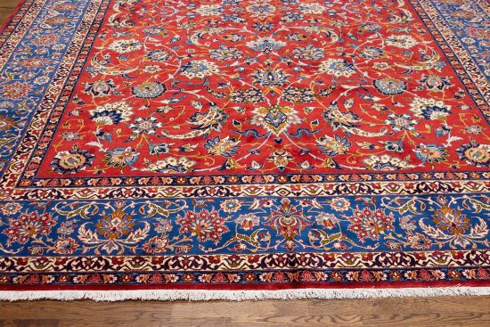 Vintage Persian rug. Handmade Persian Isfahan floral allover design wool rug in terracotta and blue colors. Size 10.3x14.5.