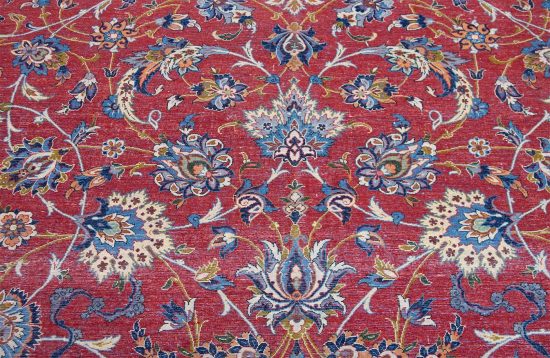 Vintage Persian rug. Handmade Persian Isfahan floral allover design wool rug in terracotta and blue colors. Size 10.3x14.5.