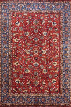 Vintage Persian rug. Handmade Persian Isfahan floral allover design wool rug in terracotta and blue colors. Size 10.3x14.5.