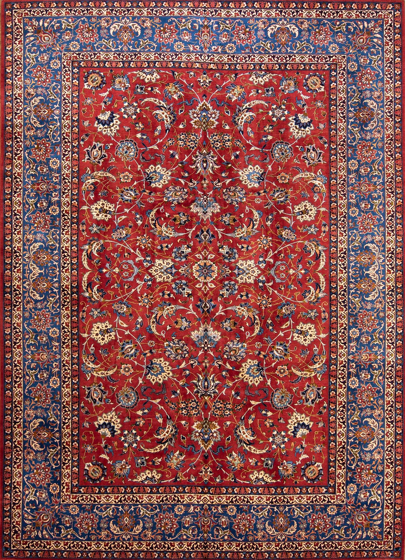 Vintage Persian rug. Handmade Persian Isfahan floral allover design wool rug in terracotta and blue colors. Size 10.3x14.5.