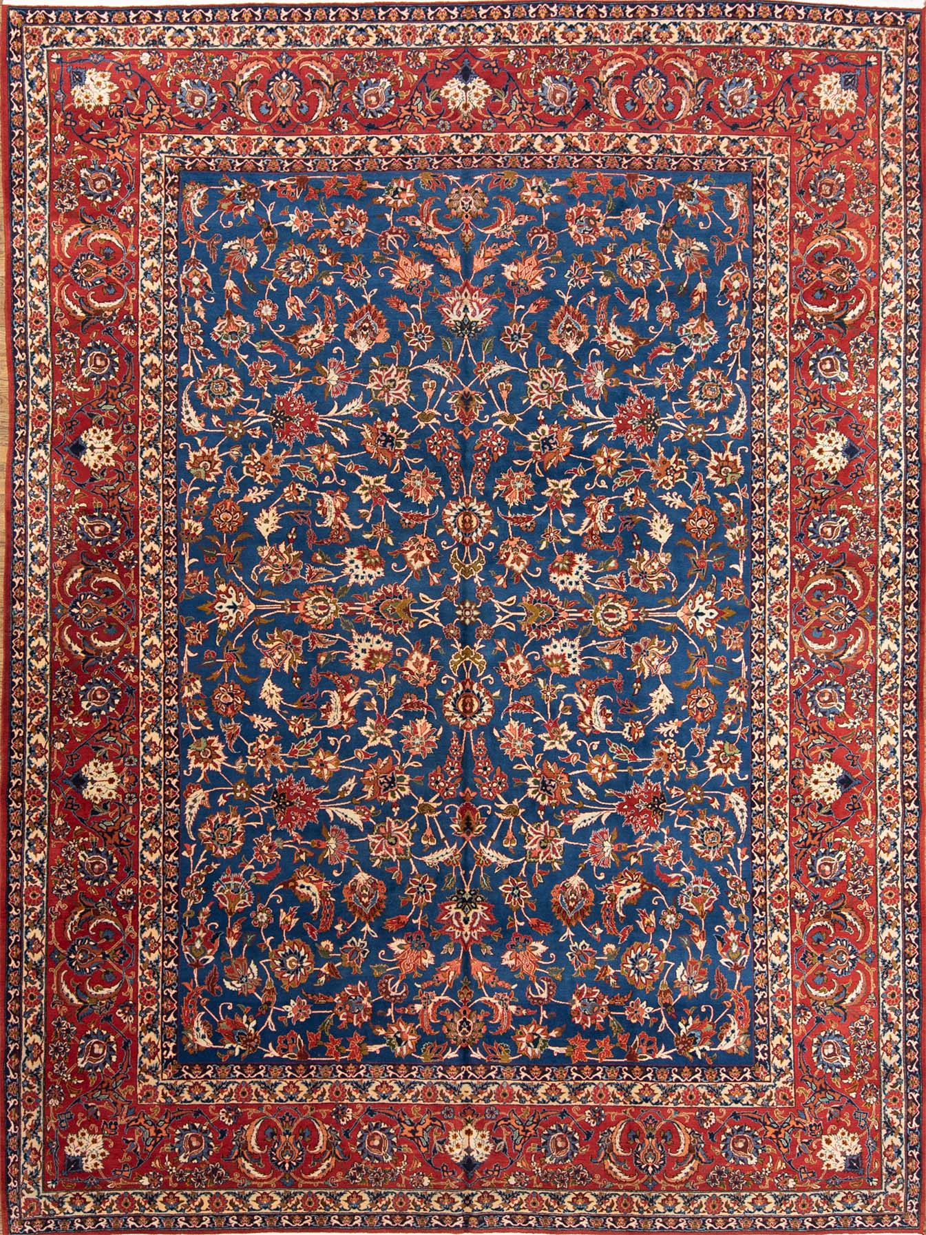 Vintage Persian Isfahan rug. Handmade wool Persian Isfahan rug, floral allover design in blue and terracotta color. Size 10x14.