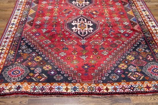 Handmade Persian red rug, geometric style Persian Shiraz wool rug. Size 5.7x8.5.