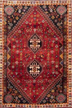 Handmade Persian red rug, geometric style Persian Shiraz wool rug. Size 5.7x8.5.