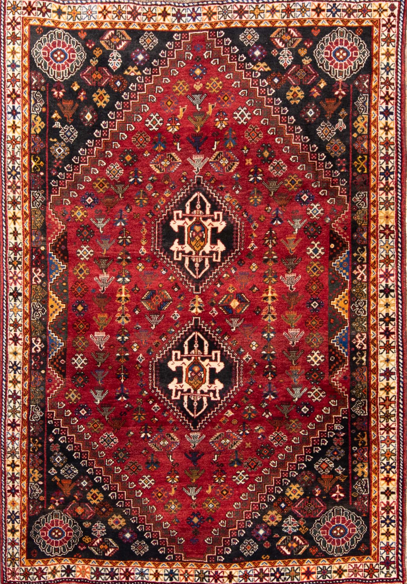 Handmade Persian red rug, geometric style Persian Shiraz wool rug. Size 5.7x8.5.