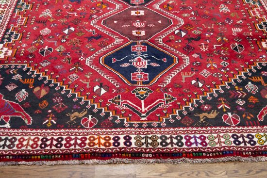 Thick area rug. Handmade southwestern design wool Persian Shiraz area rug in red color. Size 7.6x10.4.