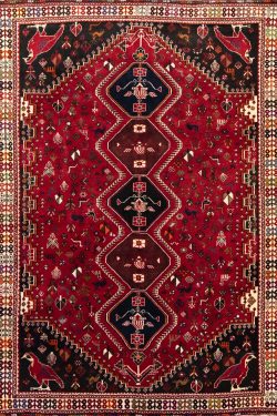 Thick area rug. Handmade southwestern design wool Persian Shiraz area rug in red color. Size 7.6x10.4.