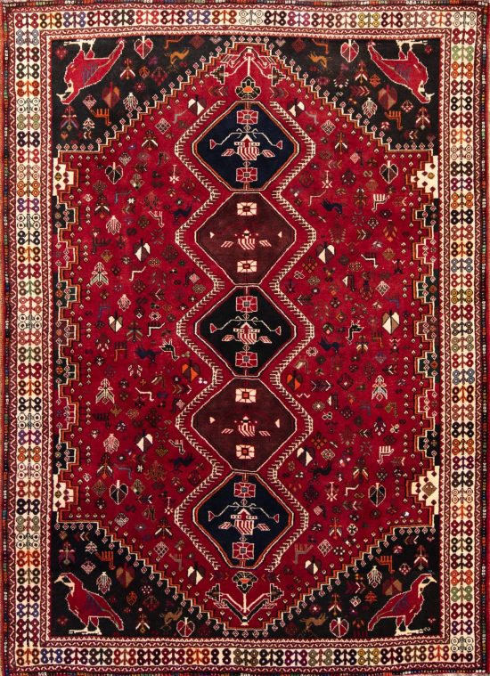 Thick area rug. Handmade southwestern design wool Persian Shiraz area rug in red color. Size 7.6x10.4.