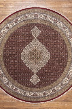 10 ft round rug. Handmade large 10x10 round rug with oval shaped center medallion in red and beige colors.