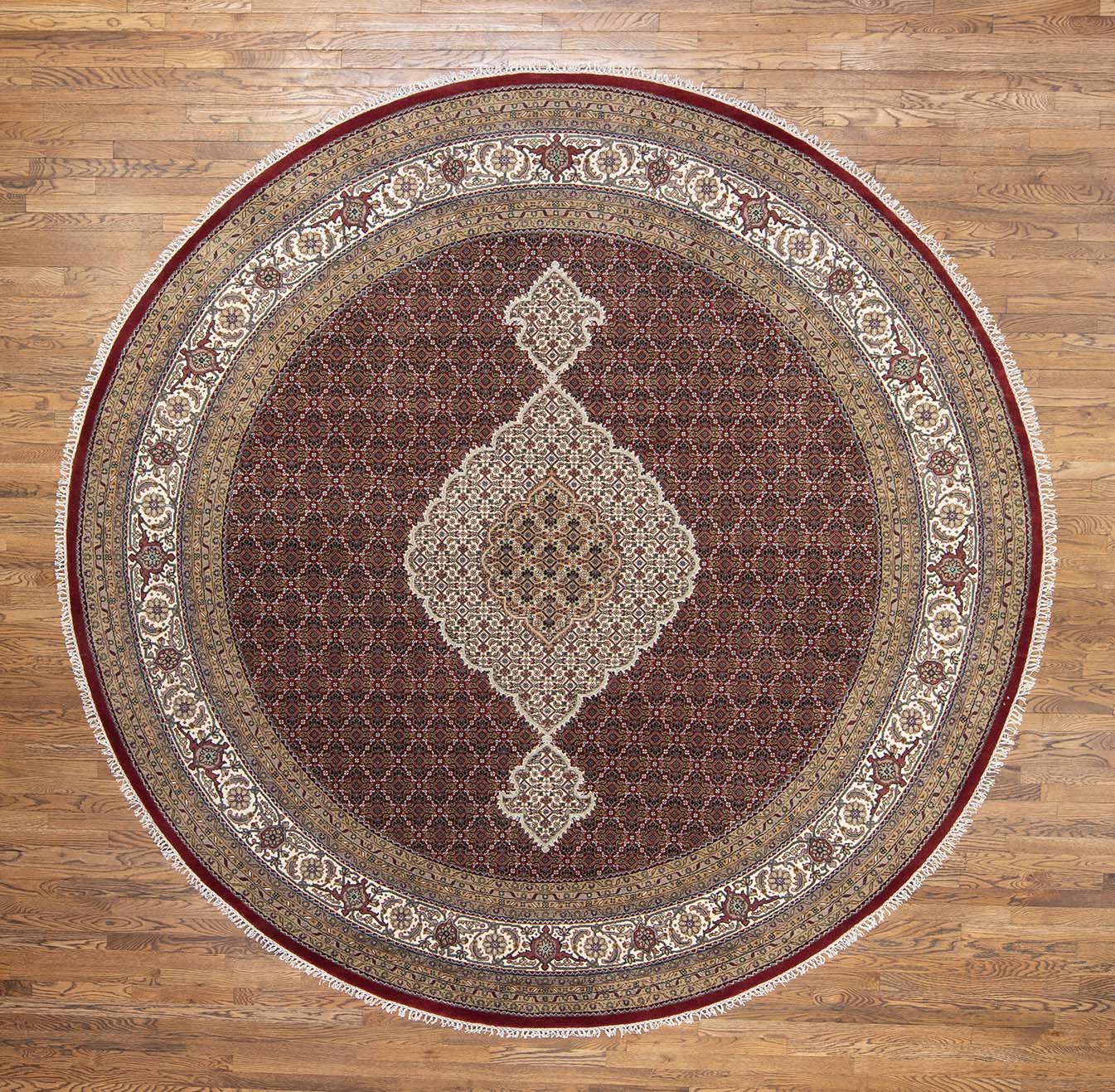 10 ft round rug. Handmade large 10x10 round rug with oval shaped center medallion in red and beige colors.